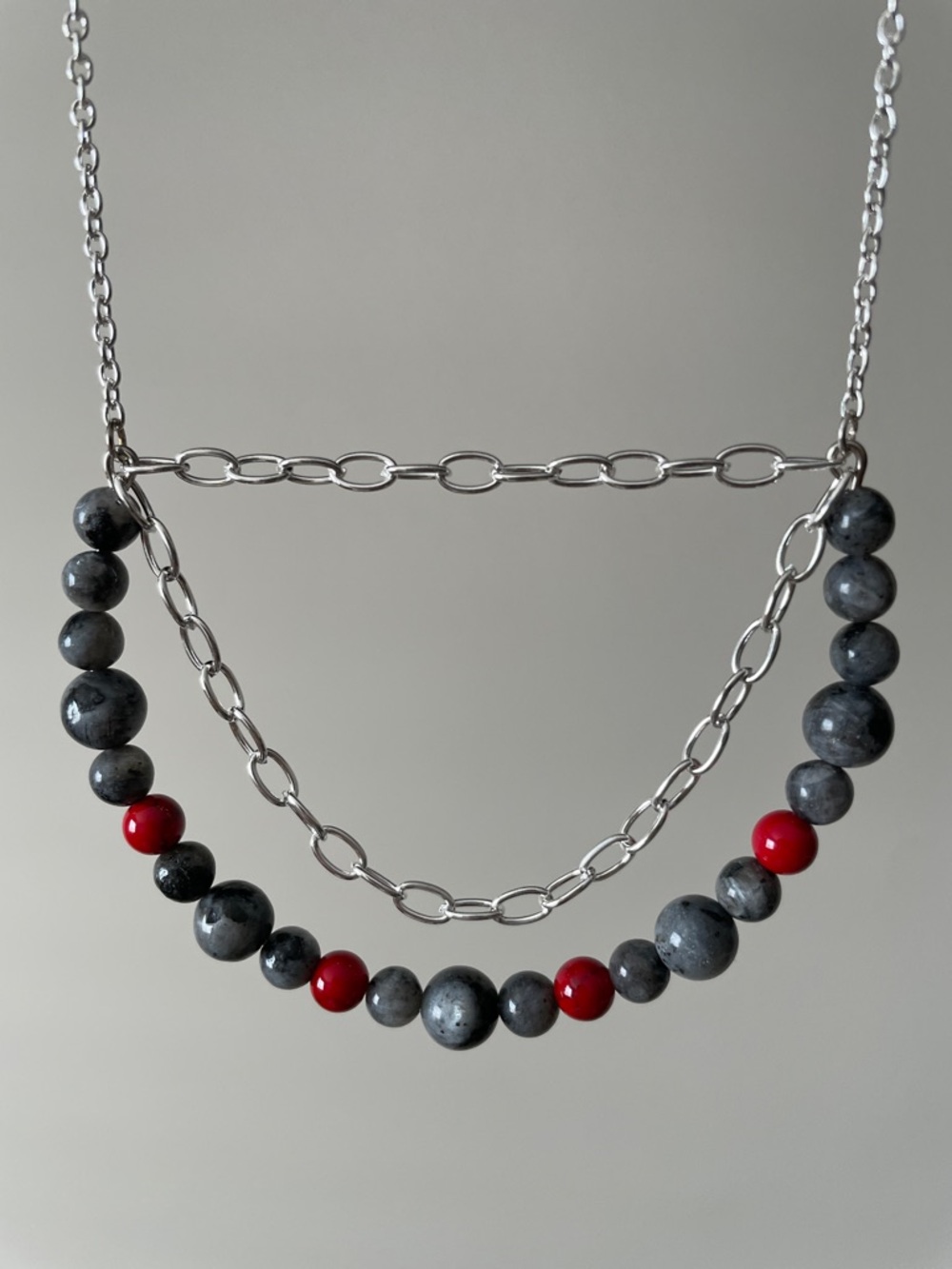 Red Turquoise and larvikite black Labradorite gemstone bib statement necklace